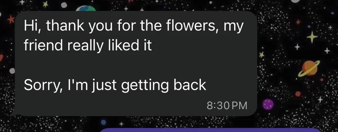 Customer WhatsApp message saying their friend really liked the flowers