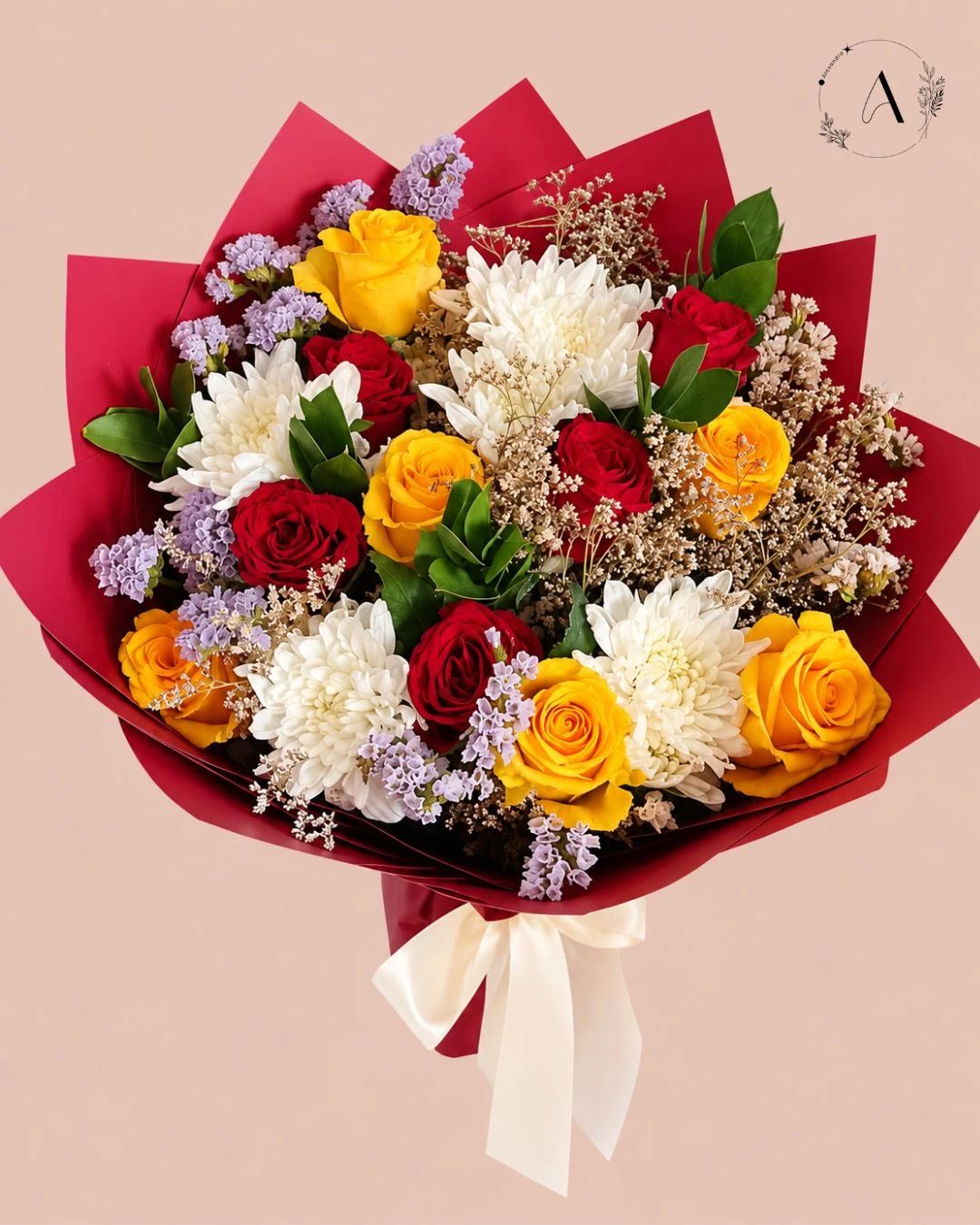 Mixed yellow and red rose arrangement