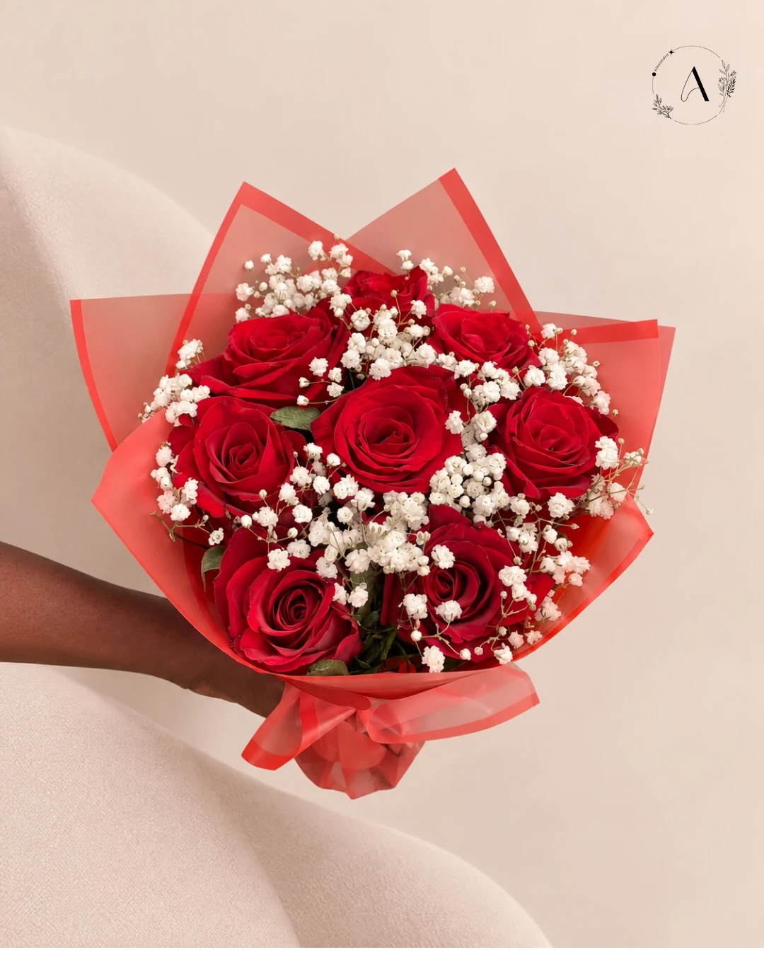 Red roses with baby's breath bouquet